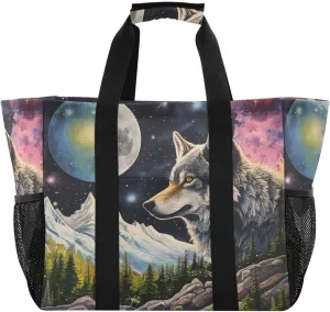 ALAZA Wolf Portrait Flower Waterproof Beach Tote Bags