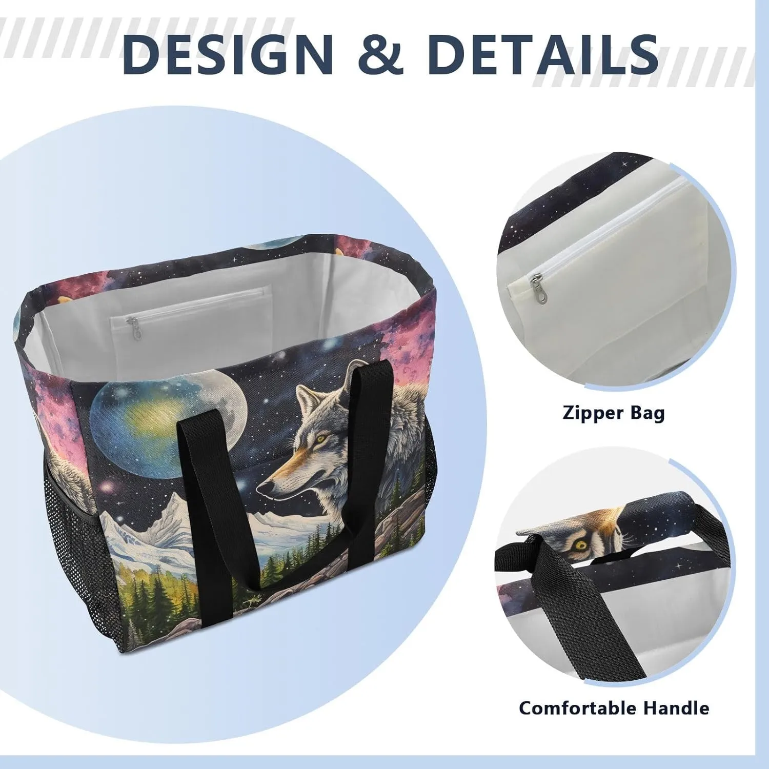 ALAZA Wolf Portrait Flower Waterproof Beach Tote Bags