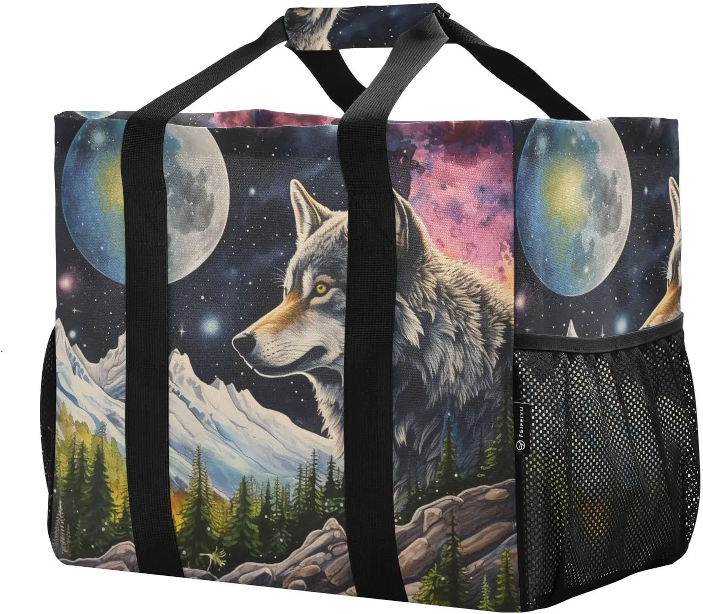ALAZA Wolf Portrait Flower Waterproof Beach Tote Bags