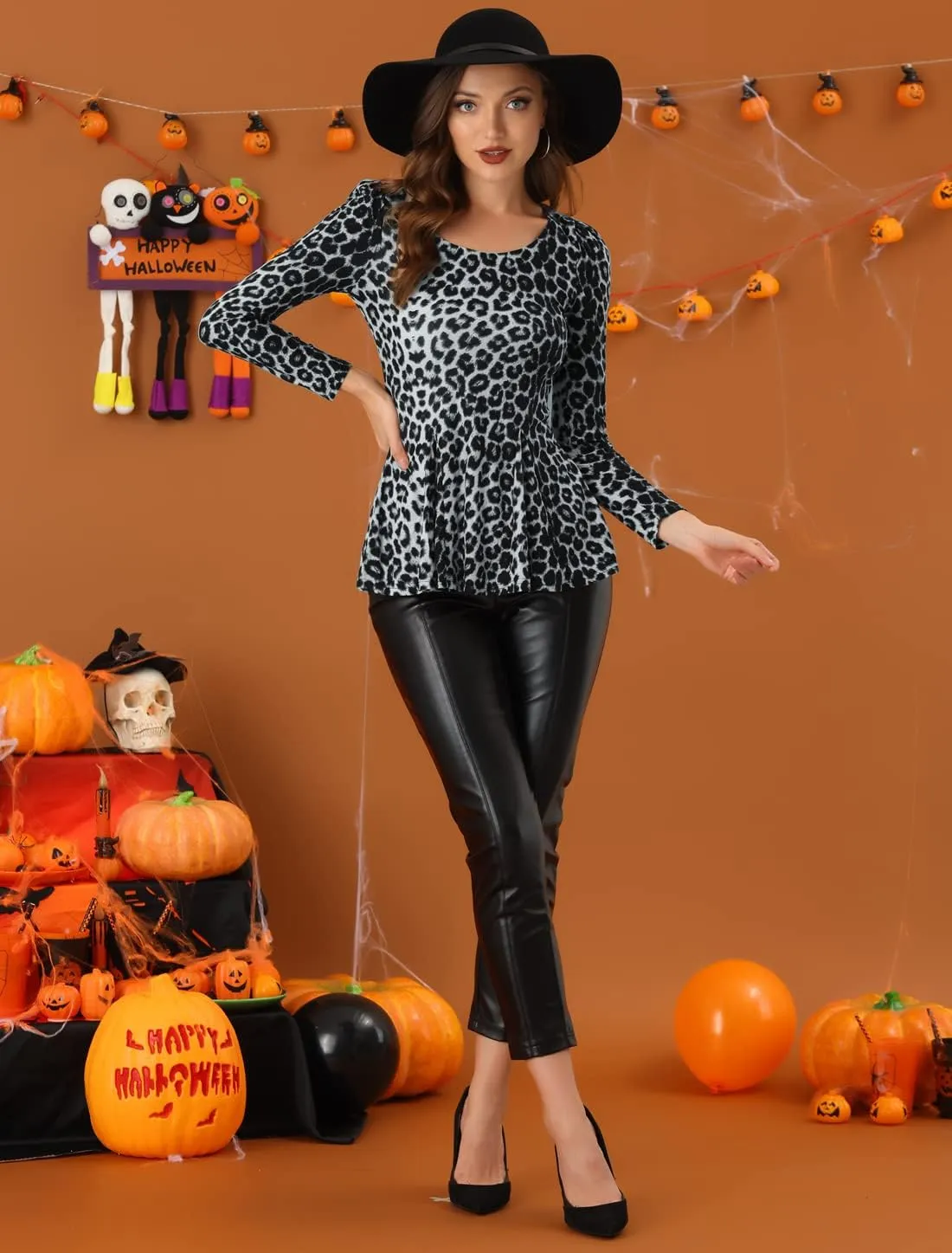 Allegra K Women's Animal Print Long Sleeve Ruffle Hem Scoop Neck Casual Peplum Top