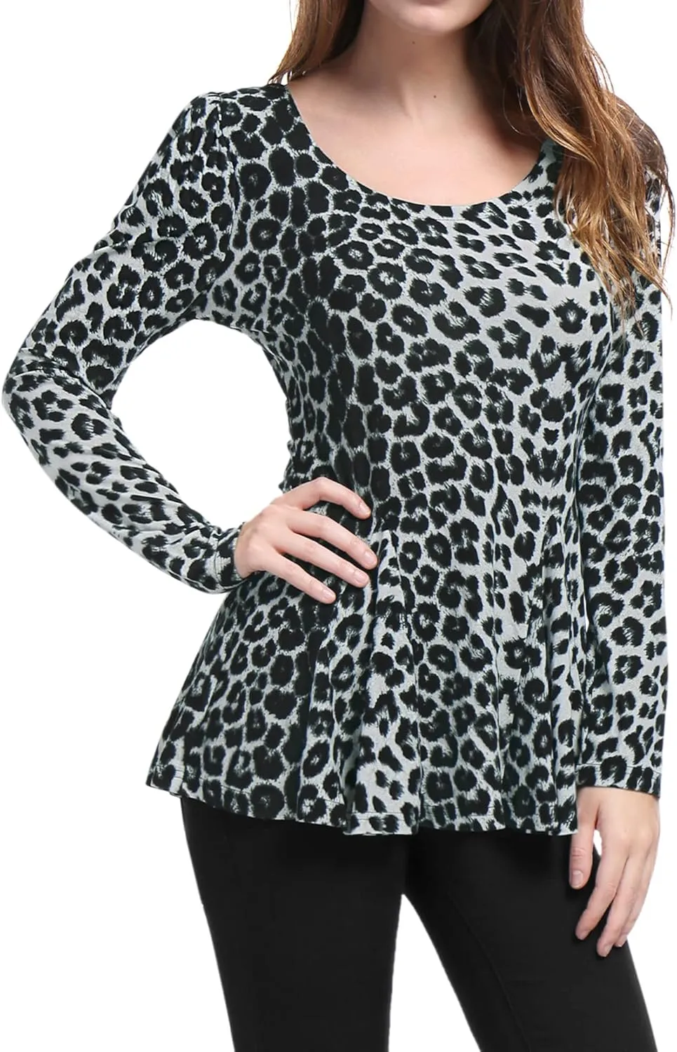 Allegra K Women's Animal Print Long Sleeve Ruffle Hem Scoop Neck Casual Peplum Top