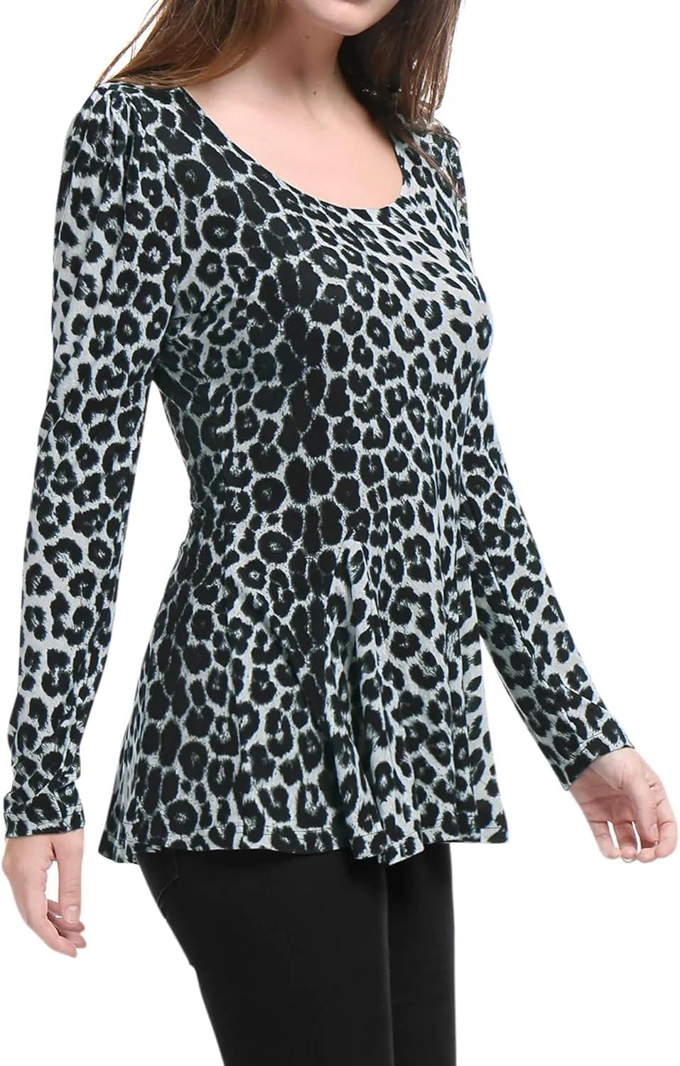 Allegra K Women's Animal Print Long Sleeve Ruffle Hem Scoop Neck Casual Peplum Top
