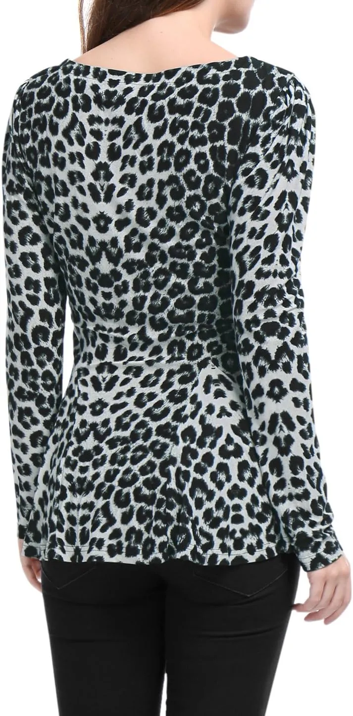 Allegra K Women's Animal Print Long Sleeve Ruffle Hem Scoop Neck Casual Peplum Top