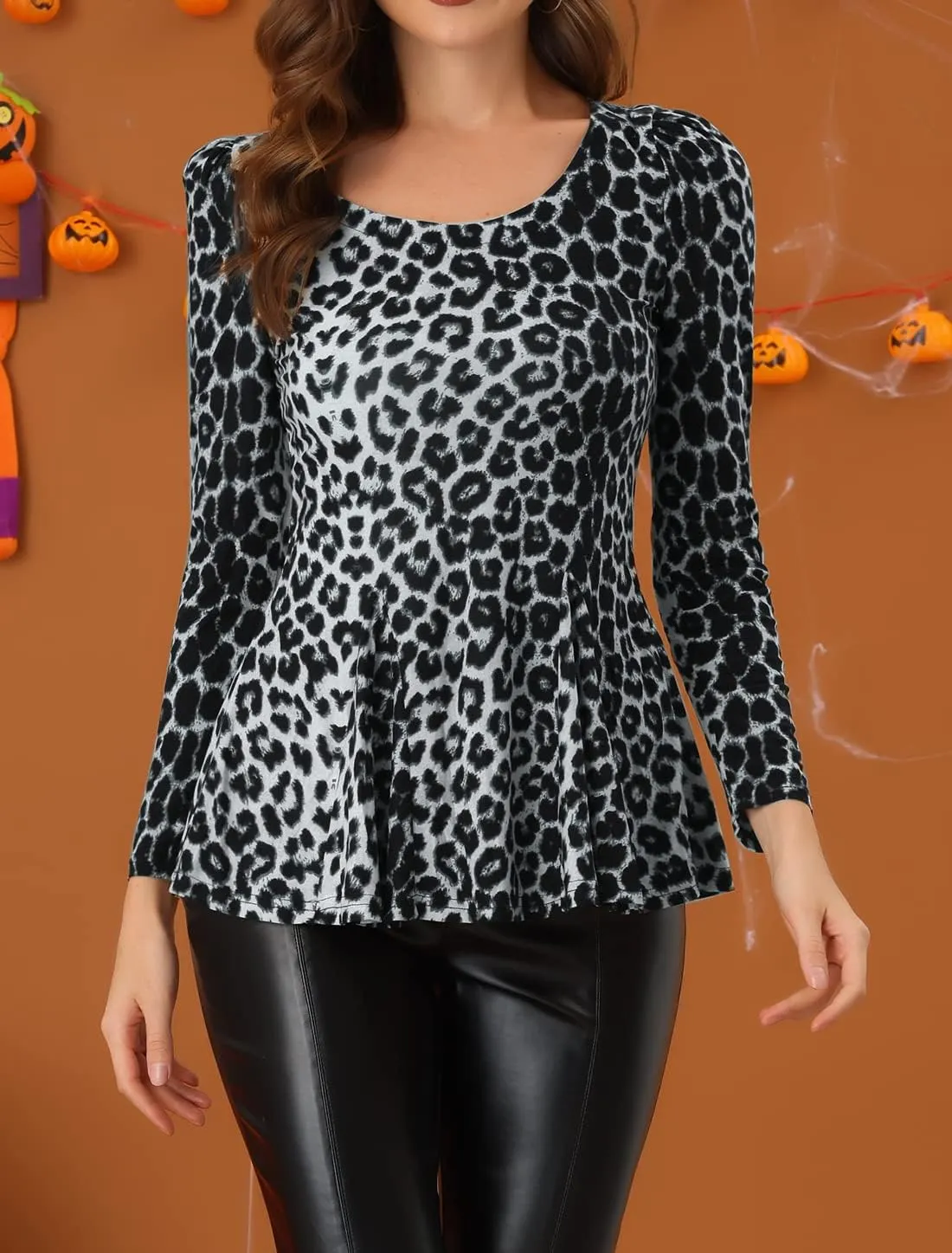 Allegra K Women's Animal Print Long Sleeve Ruffle Hem Scoop Neck Casual Peplum Top