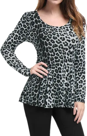 Allegra K Women's Animal Print Long Sleeve Ruffle Hem Scoop Neck Casual Peplum Top
