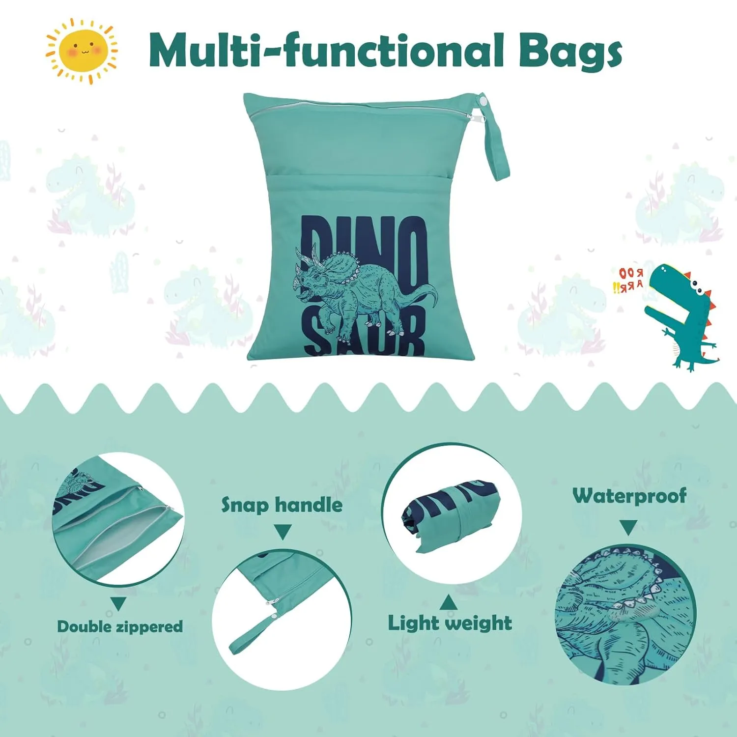 ALVABABY 3pcs Cloth Diaper Wet Dry Bags Waterproof Reusable with Two Zippered Pockets Travel Beach Pool Daycare Soiled Baby Items Yoga Gym Bag for Swimsuits or Wet Clothes 3L-ZM24A