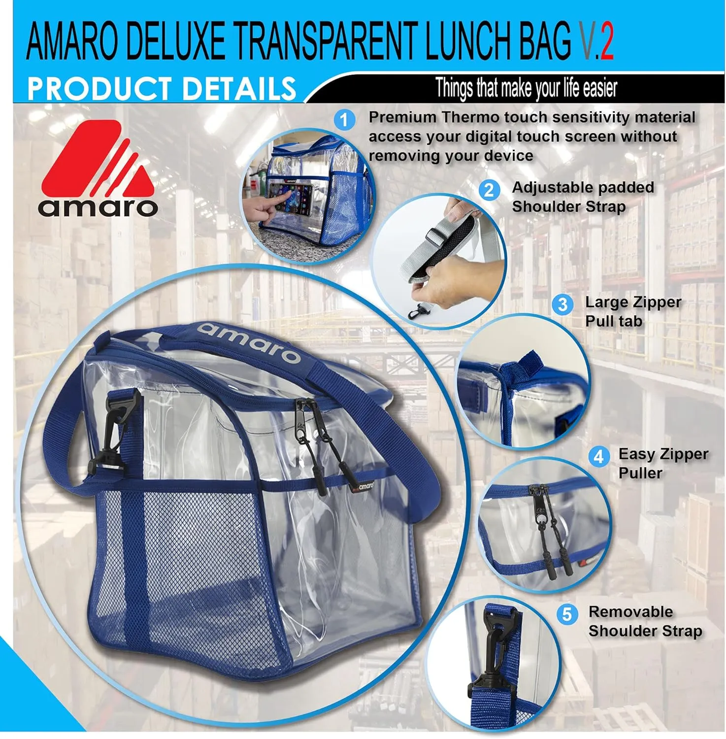 Amaro Delux 0.5mm Clear Lunch Bag for Adult V2 With Removable insert - Gray Trim(XL)