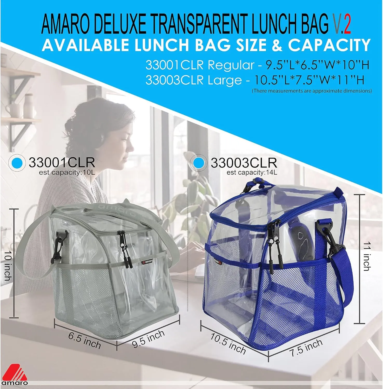 Amaro Delux 0.5mm Clear Lunch Bag for Adult V2 With Removable insert - Gray Trim(XL)