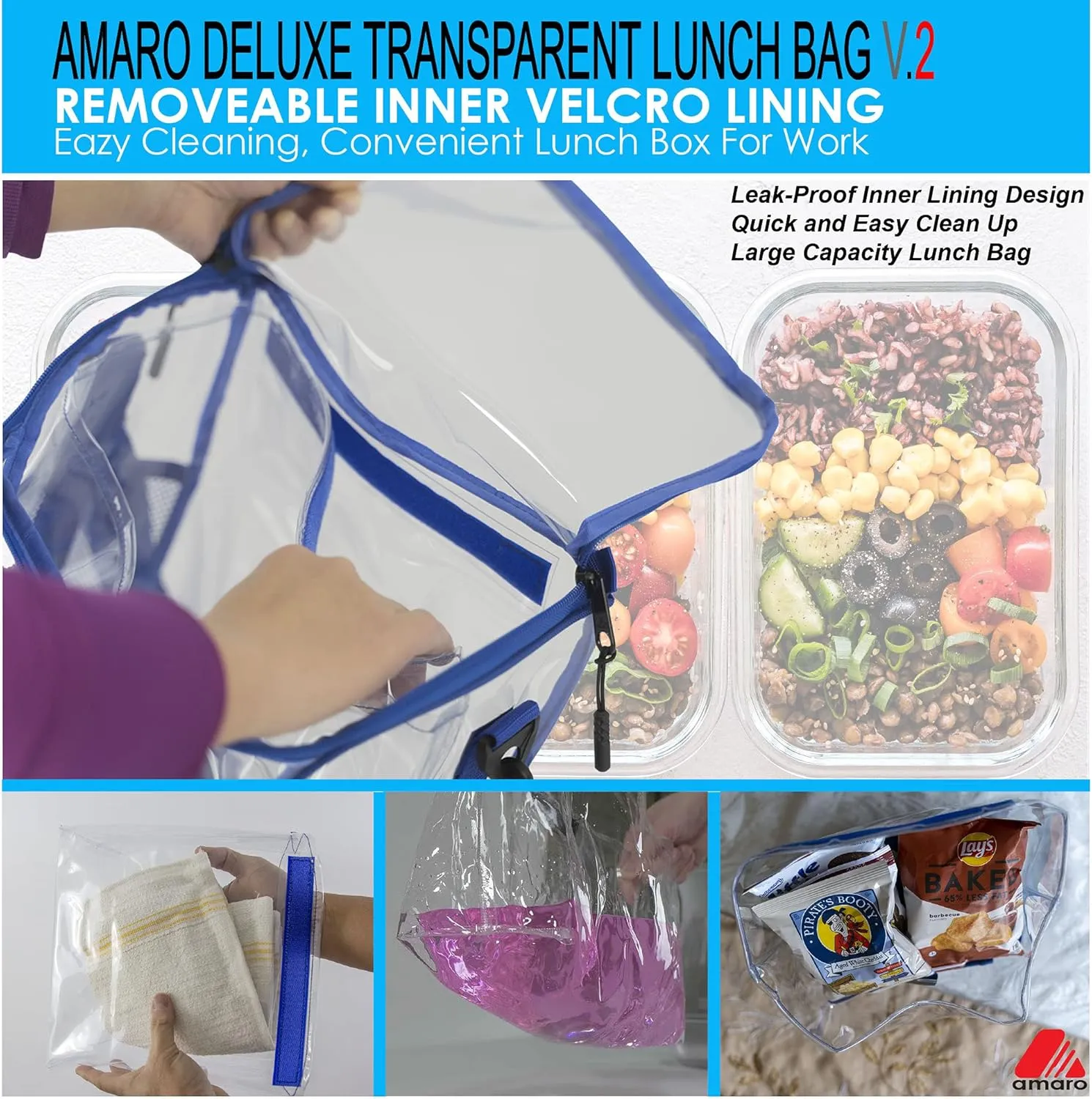 Amaro Delux 0.5mm Clear Lunch Bag for Adult V2 With Removable insert - Gray Trim(XL)