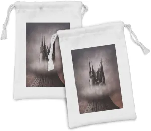 Ambesonne Fantasy Fabric Pouch Set of 2, Abandoned Castle on a Mountain Top Surrounded with Stormy Clouds, Small Drawstring Bag for Toiletries Masks and Favors, 9" x 6", Grey Brown Pale Coral