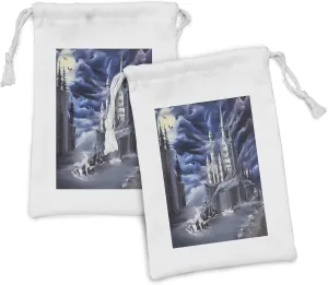 Ambesonne Fantasy Fabric Pouch Set of 2, Island with Castle Full Moon Cloudy Dramatic Sky Foggy Weather, Small Drawstring Bag for Toiletries Masks and Favors, 9" x 6", Dark Blue Grey White