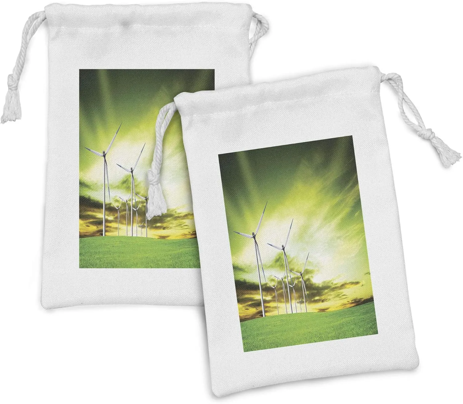 Ambesonne Windmill Fabric Pouch Set of 2, Digitally Generated Photo of Wing Turbines on Grass with Greeen Tone Sky, Small Drawstring Bag for Toiletries Masks and Favors, 9" x 6", Lime Green White