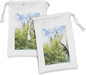 Ambesonne Wizard Fabric Pouch Set of 2, Witchcraft and Wizard Castle in Woods Replica in Japan Picture Print, Small Drawstring Bag for Toiletries Masks and Favors, 9" x 6", Green Blue Beige