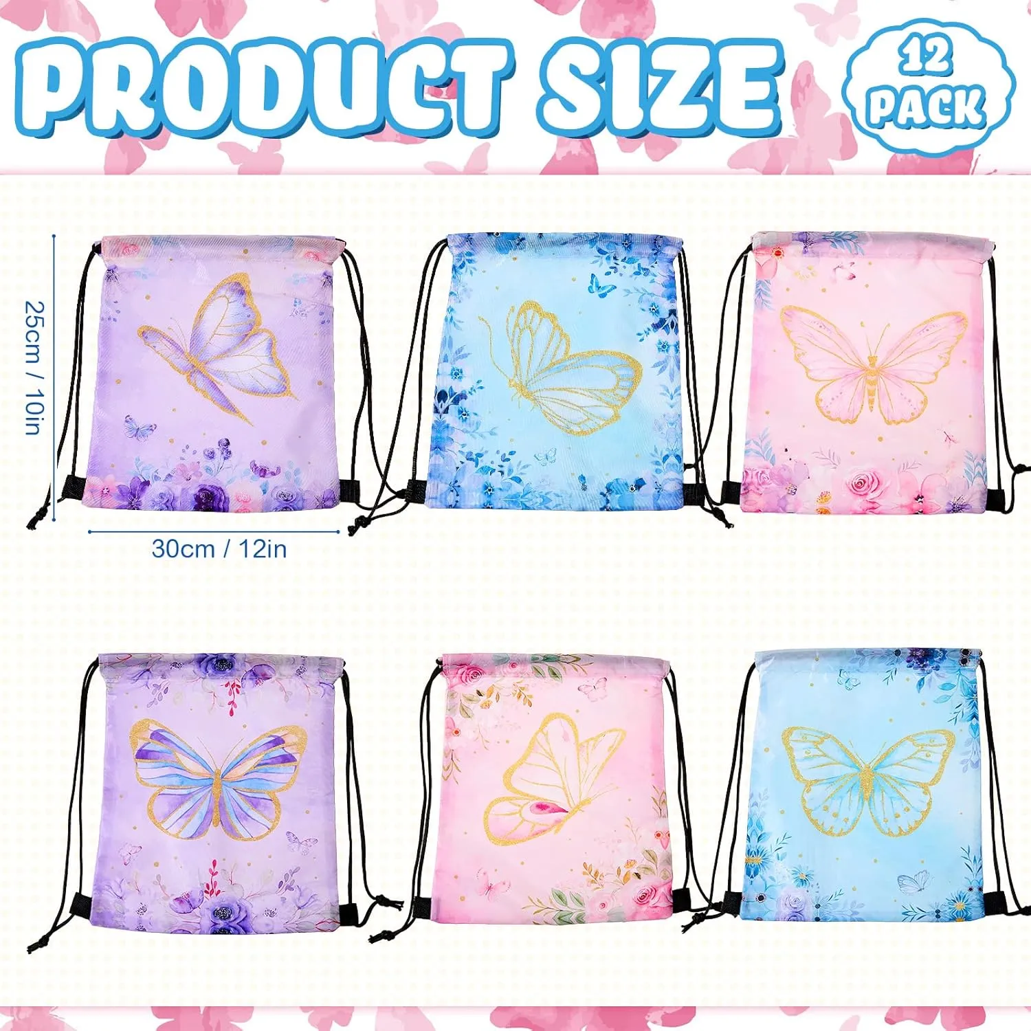 Amylove 12 Pcs Drawstring Bags - Butterfly Party Favor Candy Goodie Bags for Kids Girls Spring