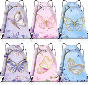Amylove 12 Pcs Drawstring Bags - Butterfly Party Favor Candy Goodie Bags for Kids Girls Spring