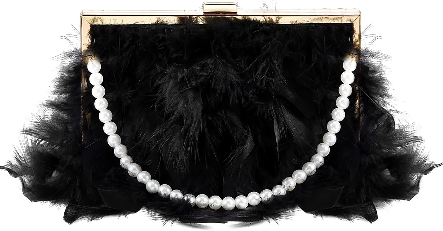 Amylove Feather Clutch Purses for Women Wedding Evening Bride Furry Purse Classy Fringe Glossy Designer
