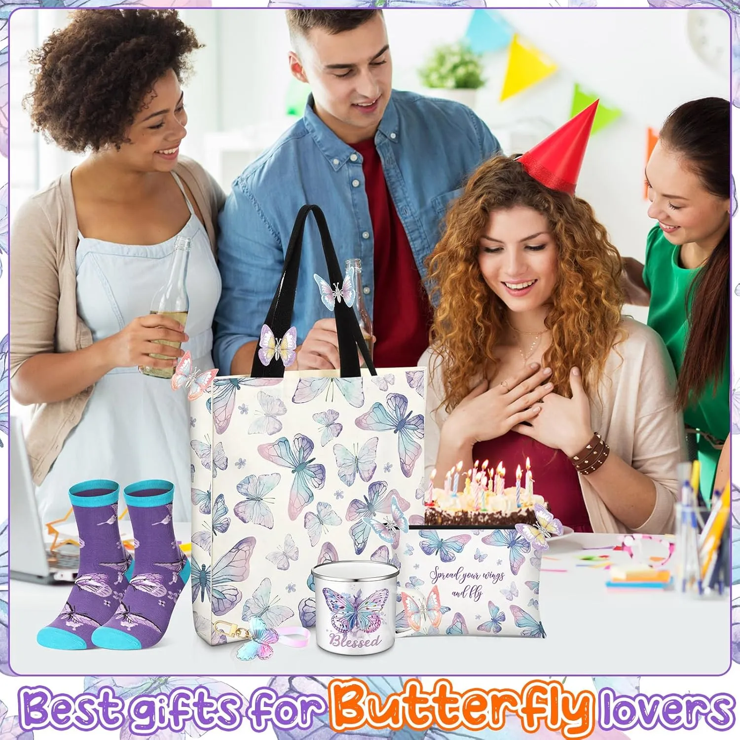 Animal Lover Gifts for Women Mother's Day Animal Themed Gifts for Mom Include Canvas Tote Bag, Makeup Bag, Socks, Keychain, Enamel Mug, Small Figurines(Butterfly)