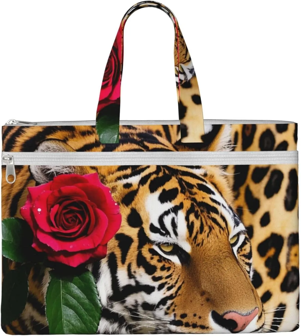 animal Tiger Leopard Print Rose Flower Print Men's and Women's Canvas Portable File Bags,Laptop Briefcase,Business Travel Office Bags