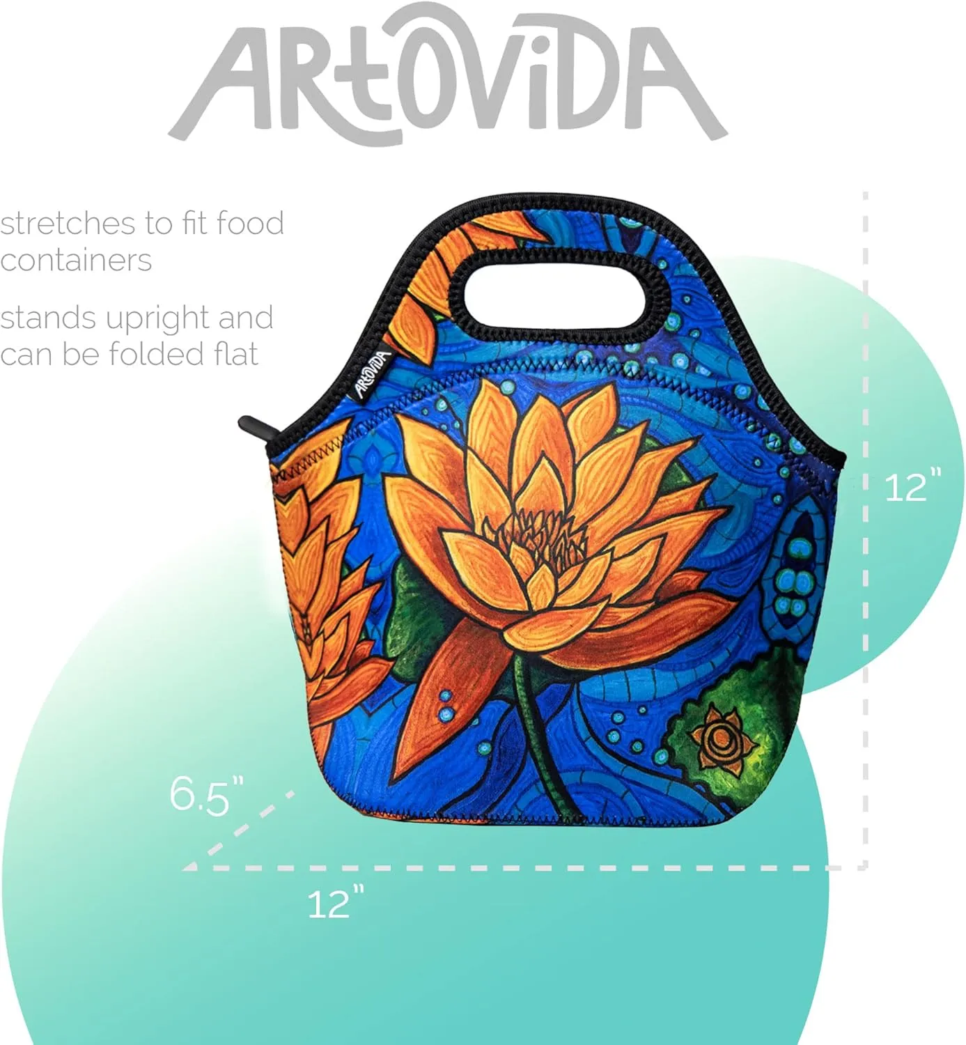 Artists Collective Insulated Neoprene Lunch Bag - Washable Soft Lunch Tote for Work and Picnic - Design by Kristen Palana (Malawi) Lotus Flower - Classic