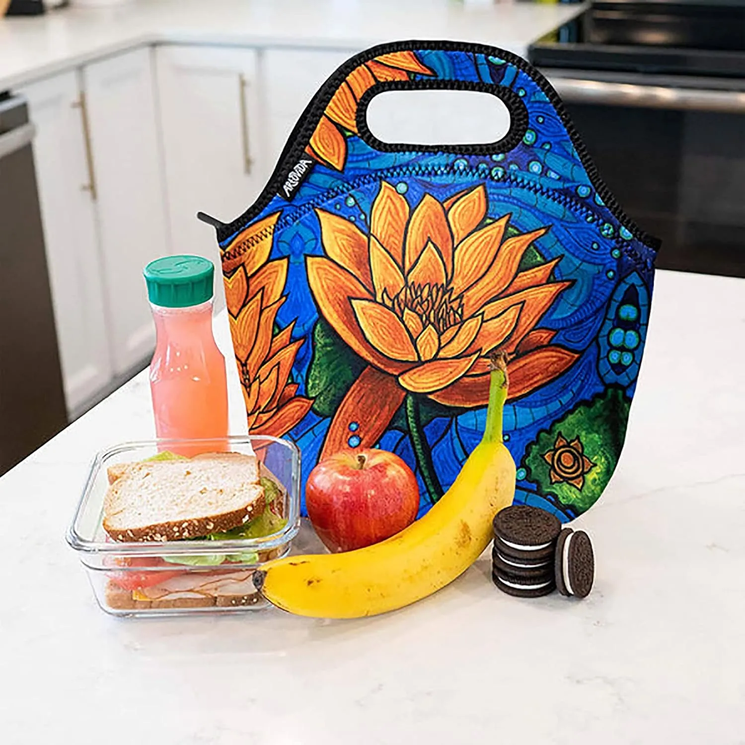 Artists Collective Insulated Neoprene Lunch Bag - Washable Soft Lunch Tote for Work and Picnic - Design by Kristen Palana (Malawi) Lotus Flower - Classic