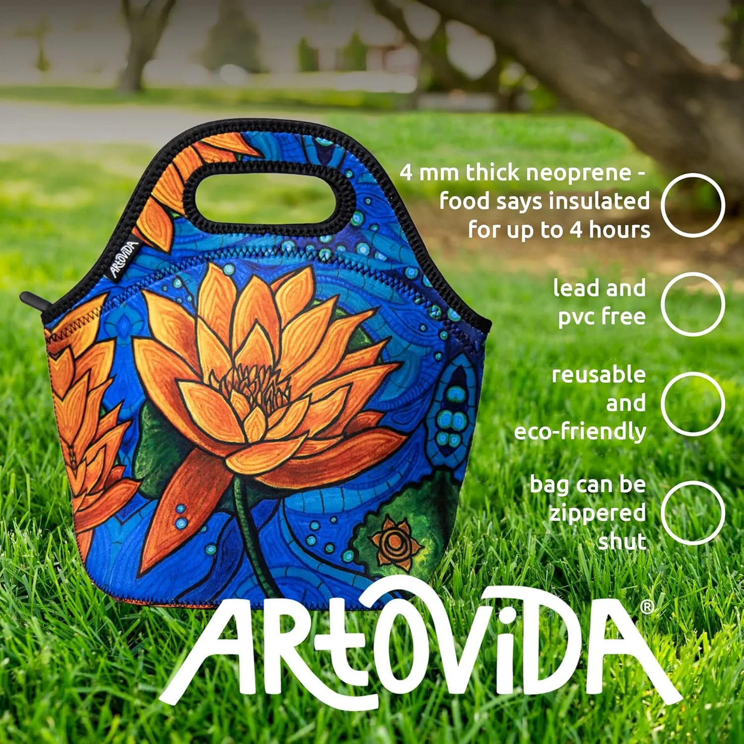Artists Collective Insulated Neoprene Lunch Bag - Washable Soft Lunch Tote for Work and Picnic - Design by Kristen Palana (Malawi) Lotus Flower - Classic