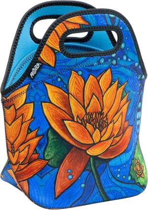 Artists Collective Insulated Neoprene Lunch Bag - Washable Soft Lunch Tote for Work and Picnic - Design by Kristen Palana (Malawi) Lotus Flower - Classic