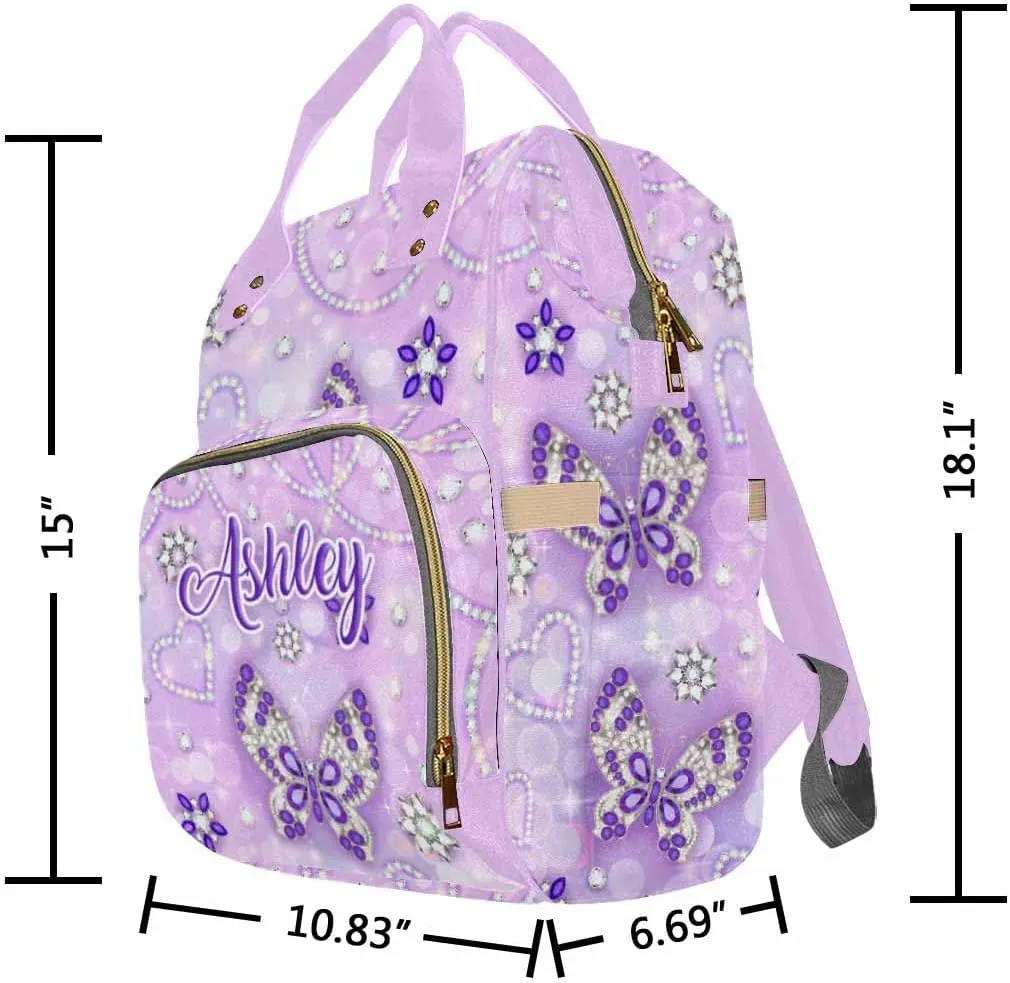 Artsadd Customized Diaper Bags for Mom Personalized Purple Pearl Butterfly Backpack with Name for Men Women Custom Nursing Bags Shoulders Travel Bag Daypack
