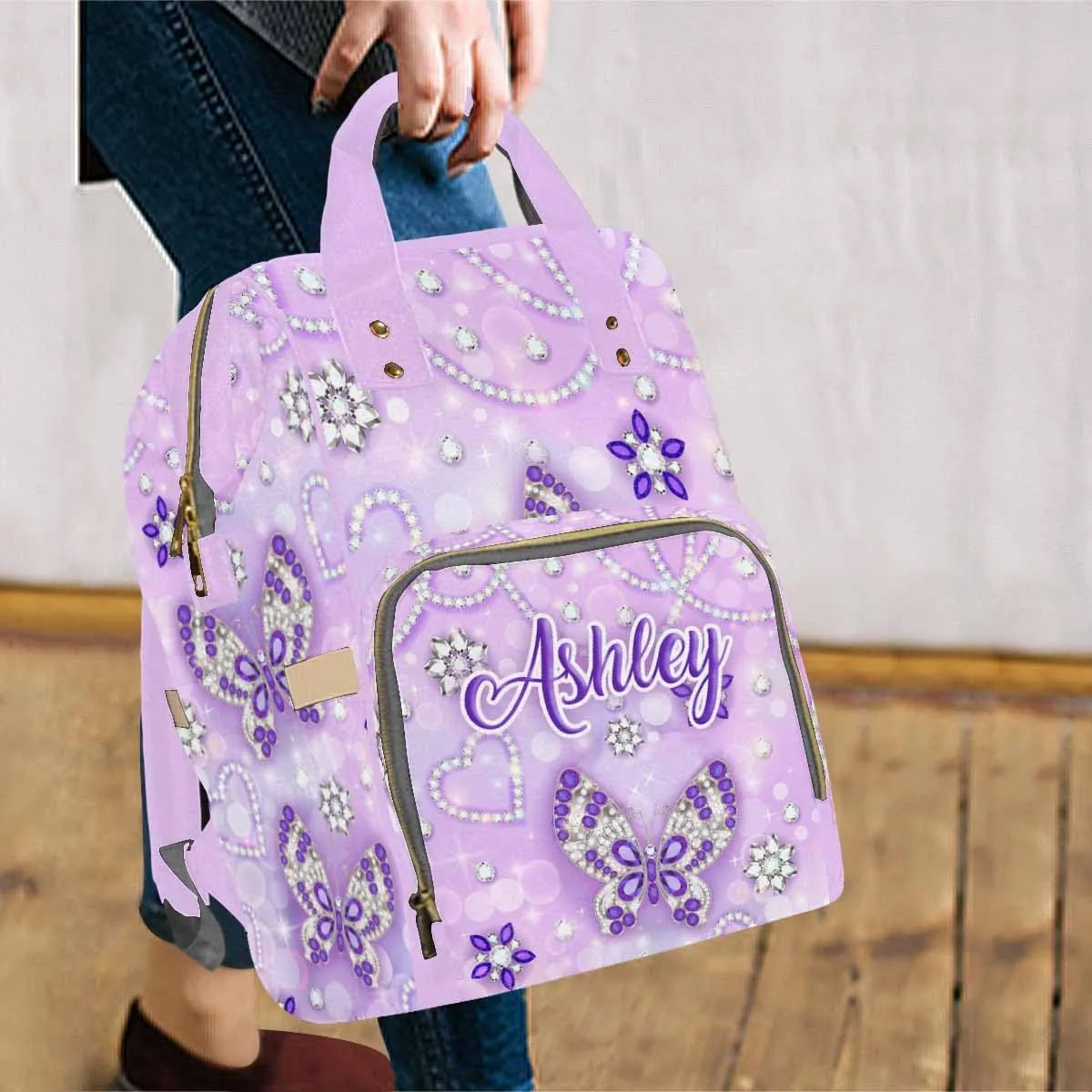 Artsadd Customized Diaper Bags for Mom Personalized Purple Pearl Butterfly Backpack with Name for Men Women Custom Nursing Bags Shoulders Travel Bag Daypack