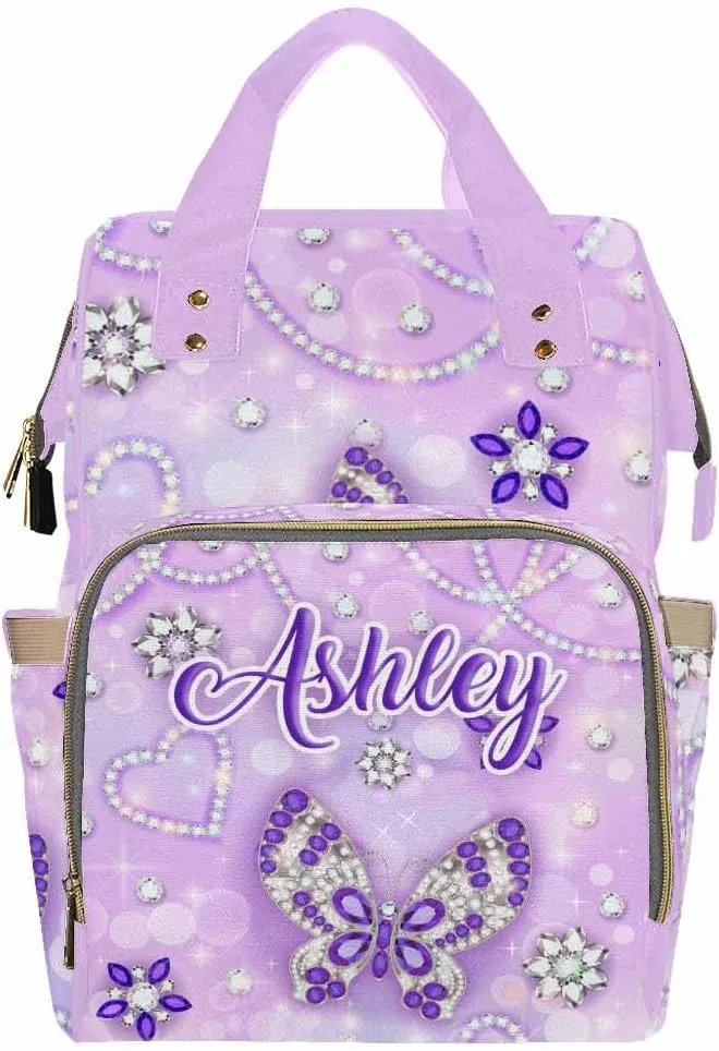 Artsadd Customized Diaper Bags for Mom Personalized Purple Pearl Butterfly Backpack with Name for Men Women Custom Nursing Bags Shoulders Travel Bag Daypack