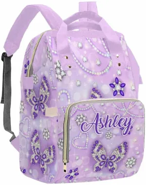 Artsadd Customized Diaper Bags for Mom Personalized Purple Pearl Butterfly Backpack with Name for Men Women Custom Nursing Bags Shoulders Travel Bag Daypack