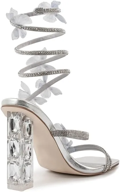 Atuelang Clear Rhinestone Butterfly Heels Diamond Spiral Wrap Up Flower Heels Transparent Chunky Heel Sandals