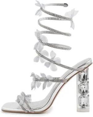 Atuelang Clear Rhinestone Butterfly Heels Diamond Spiral Wrap Up Flower Heels Transparent Chunky Heel Sandals