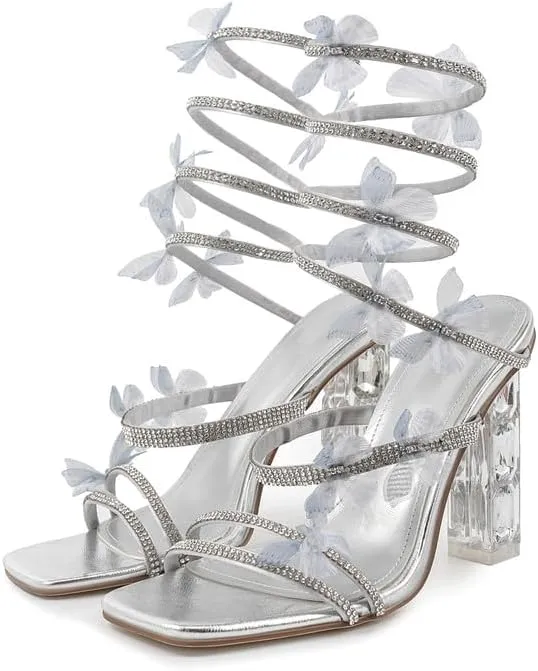 Atuelang Clear Rhinestone Butterfly Heels Diamond Spiral Wrap Up Flower Heels Transparent Chunky Heel Sandals