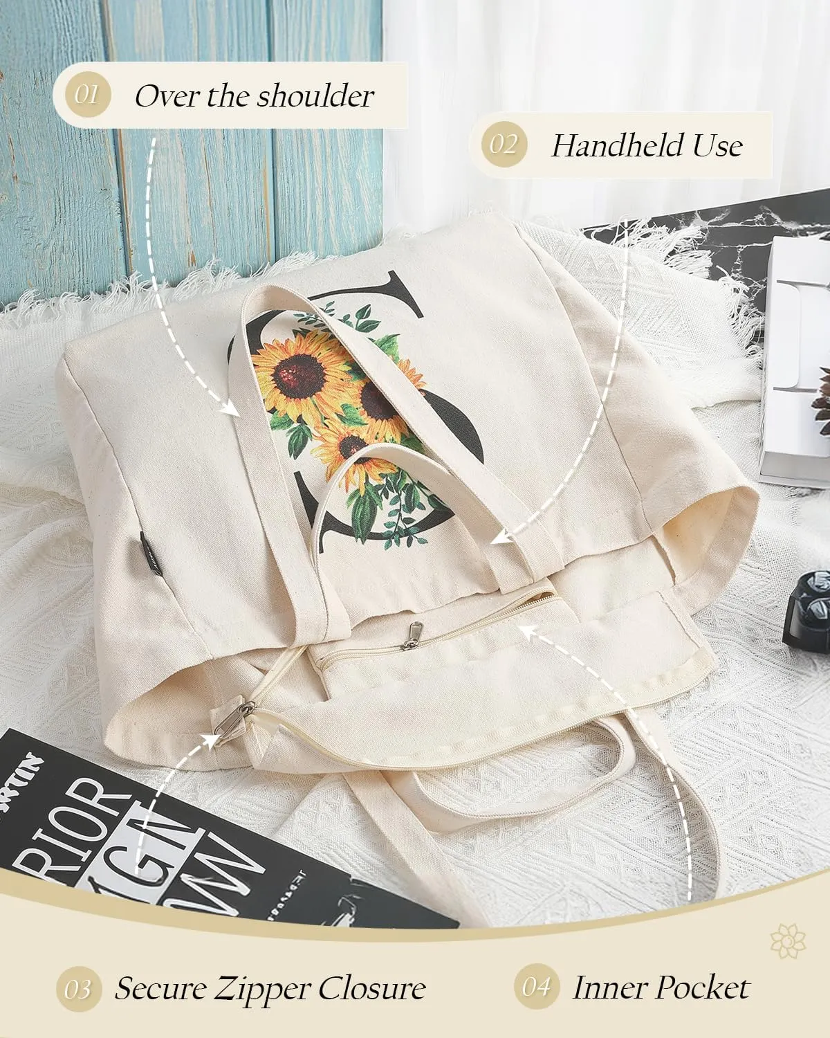 AUSVKAI Canvas Tote Bag for Women, Sunflower Grocery Bags with zipper, Interior Pocket and Long Shoulder Strap Short Handle