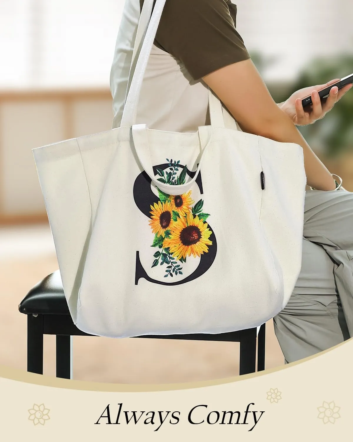 AUSVKAI Canvas Tote Bag for Women, Sunflower Grocery Bags with zipper, Interior Pocket and Long Shoulder Strap Short Handle
