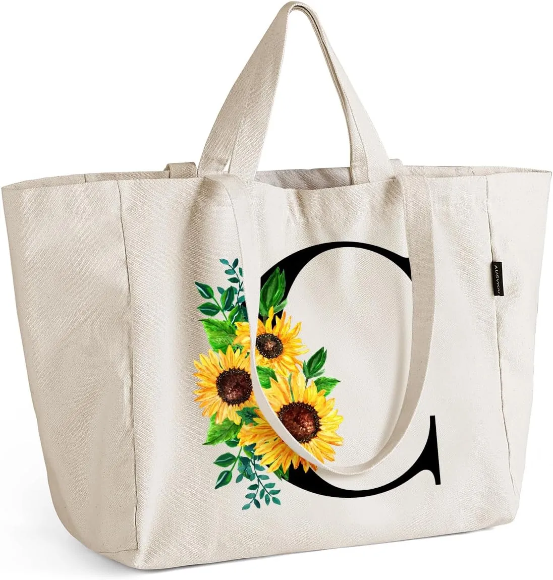 AUSVKAI Canvas Tote Bag for Women, Sunflower Grocery Bags with zipper, Interior Pocket and Long Shoulder Strap Short Handle