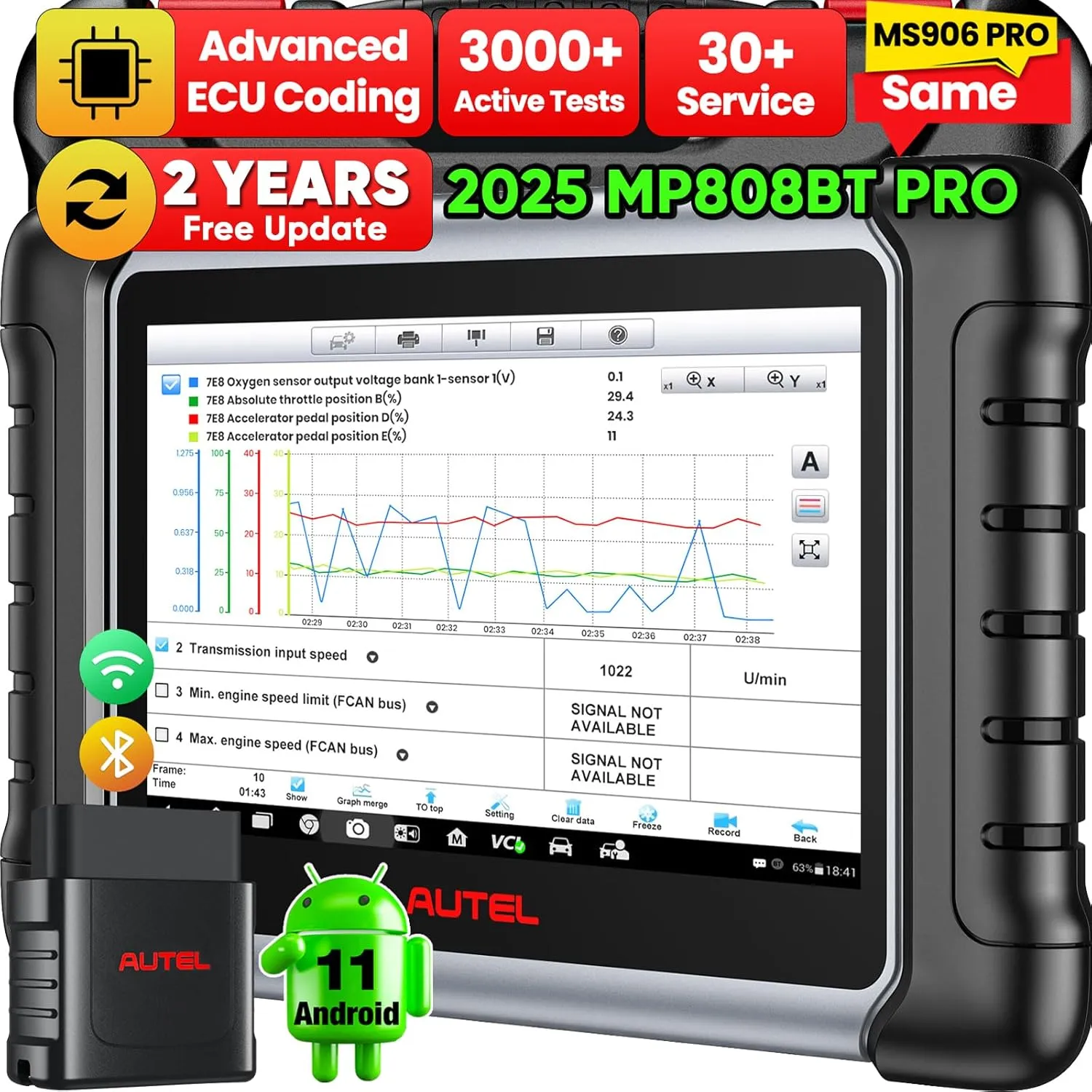 Autel MaxiPRO MP808BT PRO Scanner, 2025 Bidirectional Scan Tool with 2-Year Update, Pro ECU Coding as MS906 PRO MP900BT, 30  Service, 3000  Test, Level-up of MK900BT MK900 MX900 MK808S, FCA SGW, OS 11