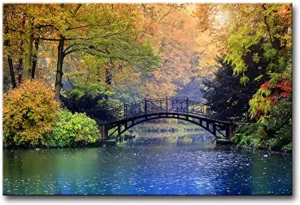 Autumn Landscape Wall Art in Central Park,Tree Around the Wooden Bridge on the Lake,Modern Canvas Painting Picture Print on Canvas Giclee Artwork for Wall Decor,Home Decor