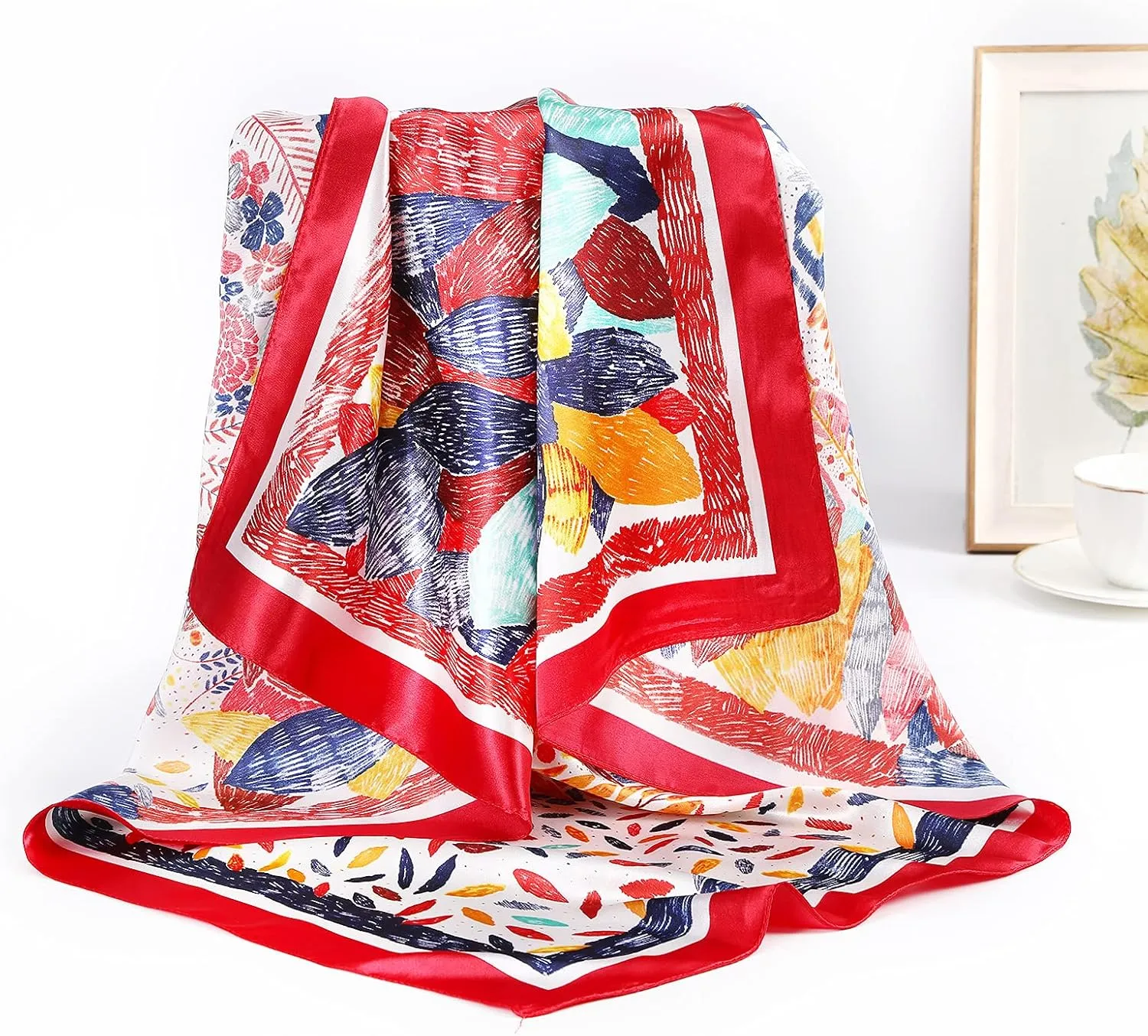 AWAYTR 35” Large Satin Square Head Scarf - 2Pcs Silk Like Floral Head Scarves Square Satin Hair Scarf Bandanas for Women