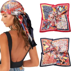 AWAYTR 35” Large Satin Square Head Scarf - 2Pcs Silk Like Floral Head Scarves Square Satin Hair Scarf Bandanas for Women