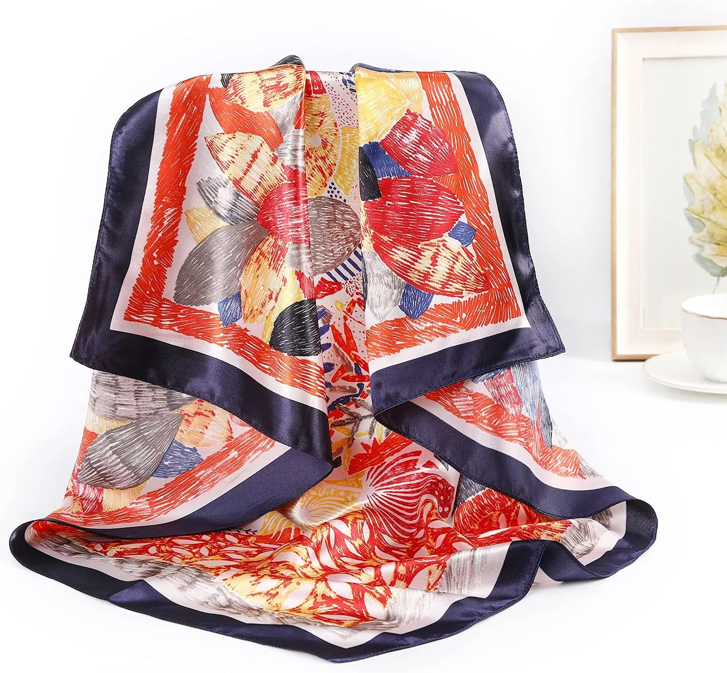 AWAYTR 35” Large Satin Square Head Scarf - 2Pcs Silk Like Floral Head Scarves Square Satin Hair Scarf Bandanas for Women