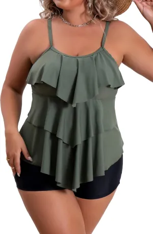B2prity Women Plus Size Tankini Swimsuits Tummy Control Two Piece Bathing Suit Ruffled Flounce Swimwear with Shorts