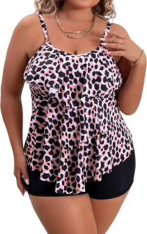 B2prity Women Plus Size Tankini Swimsuits Tummy Control Two Piece Bathing Suit Ruffled Flounce Swimwear with Shorts