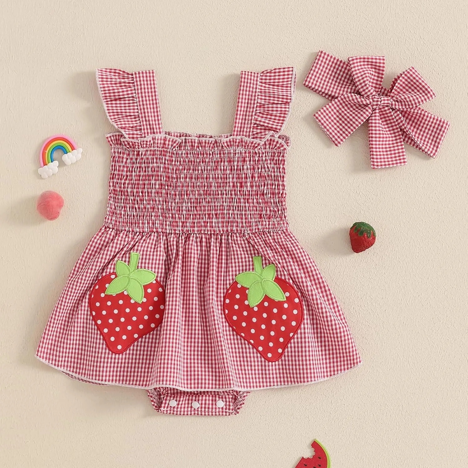 Baby Bodysuit Dress Girl Summer Dress Ruffle Fruit Clothes Shirred Smocked Infant Rompers Plaid Boho Dress Outfits