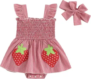 Baby Bodysuit Dress Girl Summer Dress Ruffle Fruit Clothes Shirred Smocked Infant Rompers Plaid Boho Dress Outfits