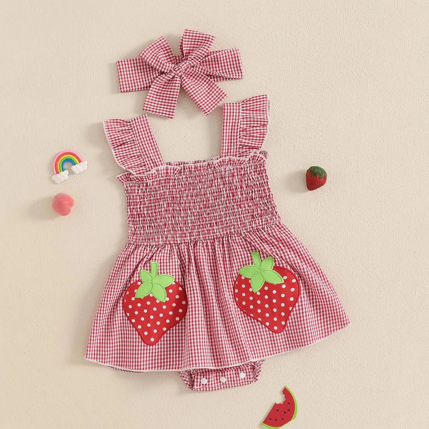 Baby Bodysuit Dress Girl Summer Dress Ruffle Fruit Clothes Shirred Smocked Infant Rompers Plaid Boho Dress Outfits