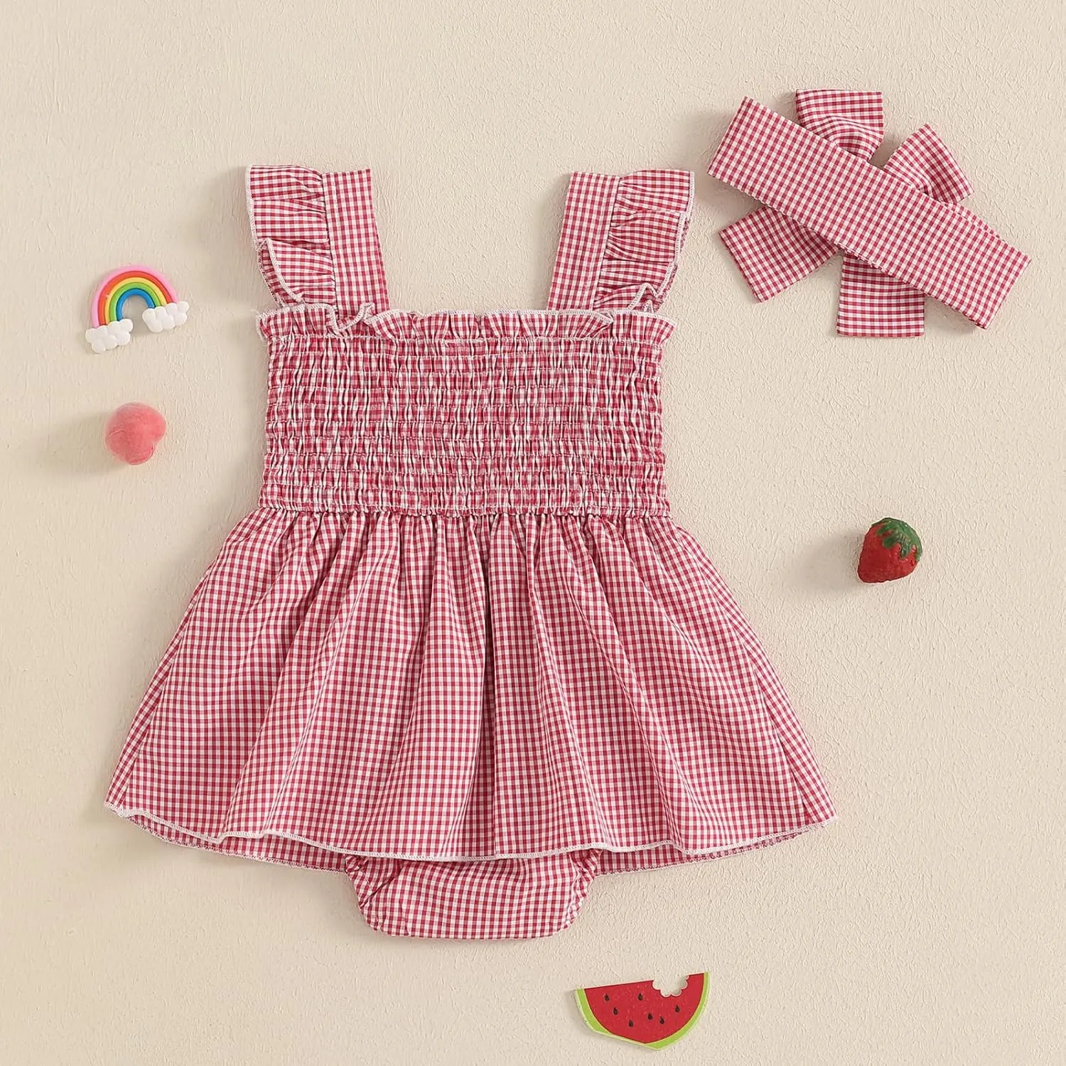 Baby Bodysuit Dress Girl Summer Dress Ruffle Fruit Clothes Shirred Smocked Infant Rompers Plaid Boho Dress Outfits