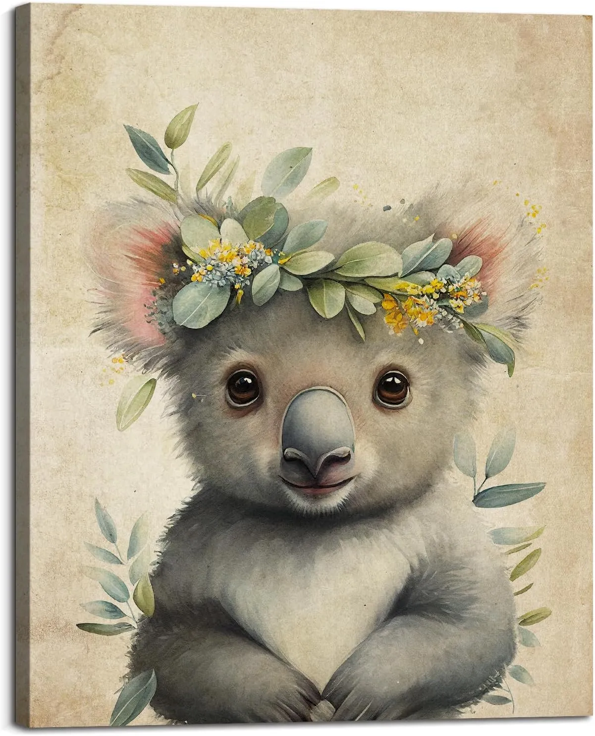 Baby Plum Retro Animal Portrait Poster Prints Cute Koala Garland Canvas Wall Art Flower Crown Picture Lovely Forest Animal Painting Artwork Nursery Kids Room Bedroom Wood Framed Wall Decor - 12"x16"