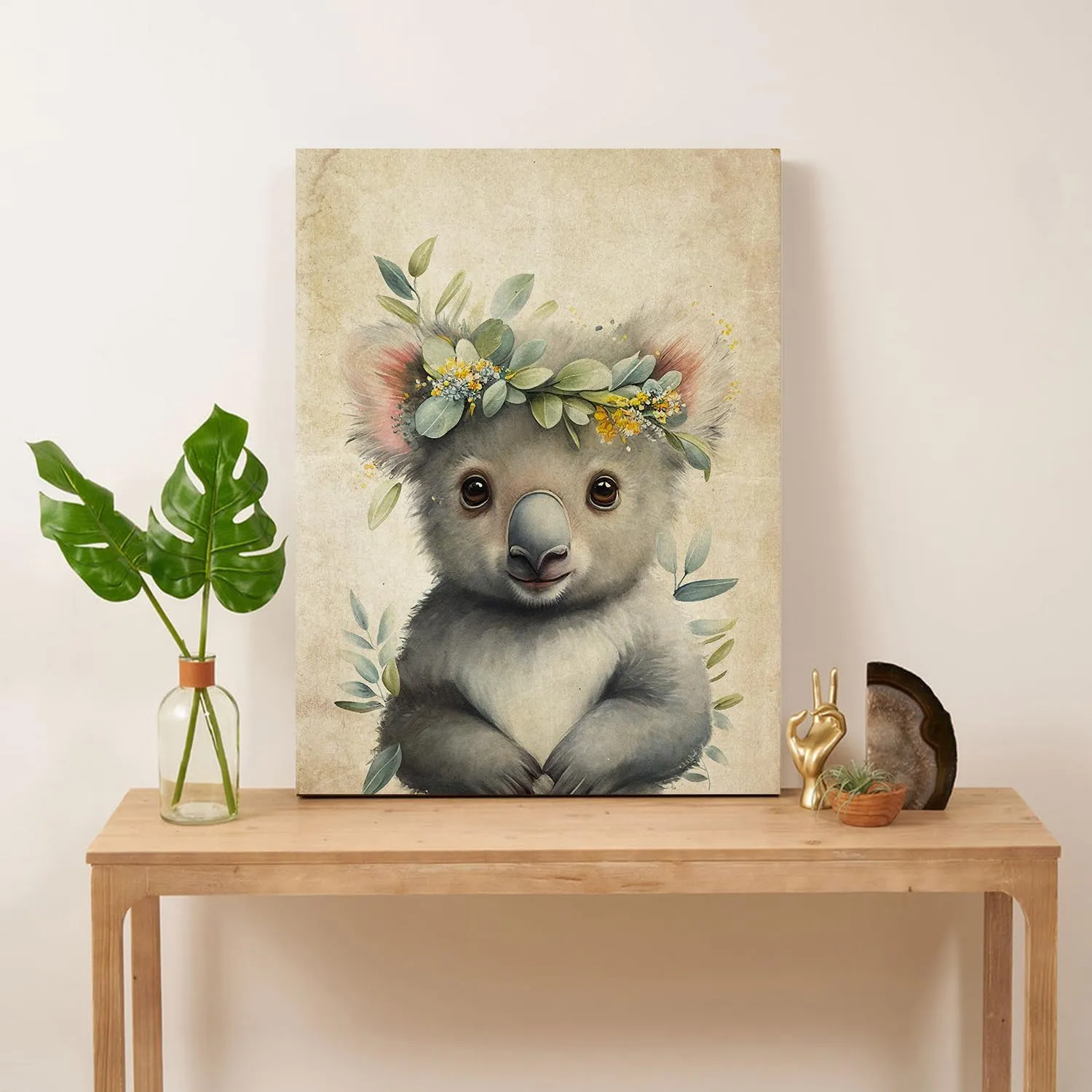 Baby Plum Retro Animal Portrait Poster Prints Cute Koala Garland Canvas Wall Art Flower Crown Picture Lovely Forest Animal Painting Artwork Nursery Kids Room Bedroom Wood Framed Wall Decor - 12"x16"