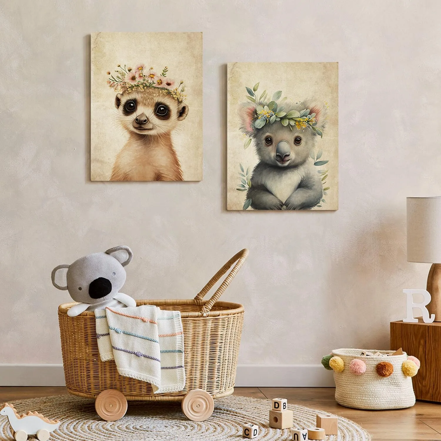 Baby Plum Retro Animal Portrait Poster Prints Cute Koala Garland Canvas Wall Art Flower Crown Picture Lovely Forest Animal Painting Artwork Nursery Kids Room Bedroom Wood Framed Wall Decor - 12"x16"